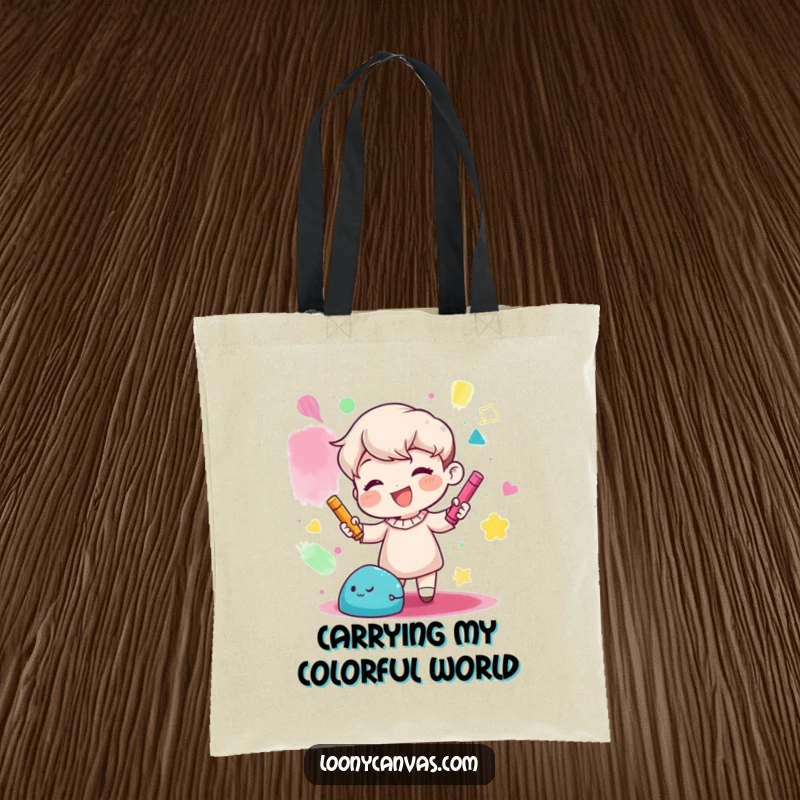 Funny tote bag showcasing a gleeful character joyfully creating abstract shapes with vibrant colored chalk, perfect for art supplies.