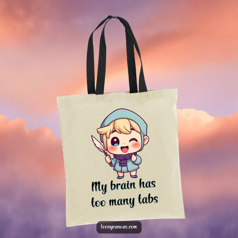 Funny tote bag with a cheerful character holding a quill pen, writing enthusiastically, ideal for book lovers and writers.