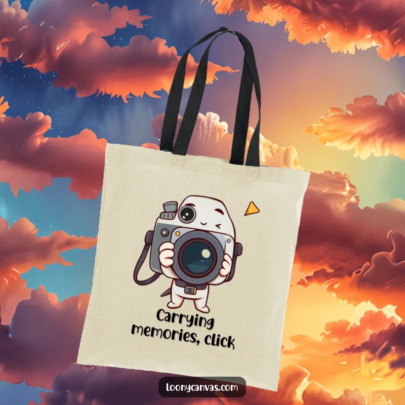 Funny tote bag with a cheerful camera character freezing a bizarre and humorous moment with its lens.