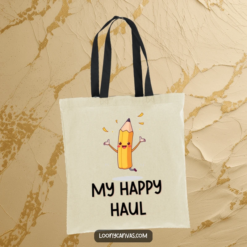 Funny tote bag with a cheerful dancing pencil and flying shavings, great for carrying art supplies with joy.