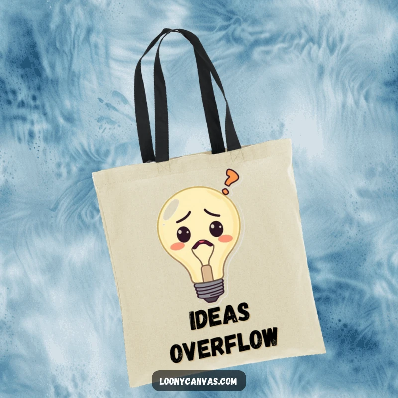 Funny confused lightbulb tote bag, a character displaying a question mark, great for carrying groceries or deep thoughts with humor.