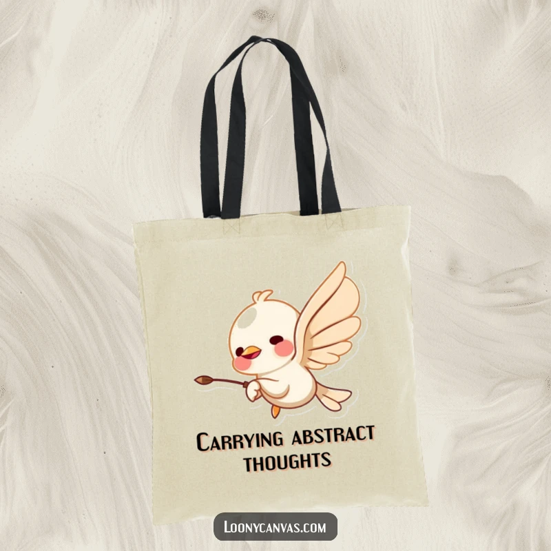Funny tote bag showcasing a chisel character in flight, carving abstract art, perfect for carrying supplies with a humorous, creative vibe.