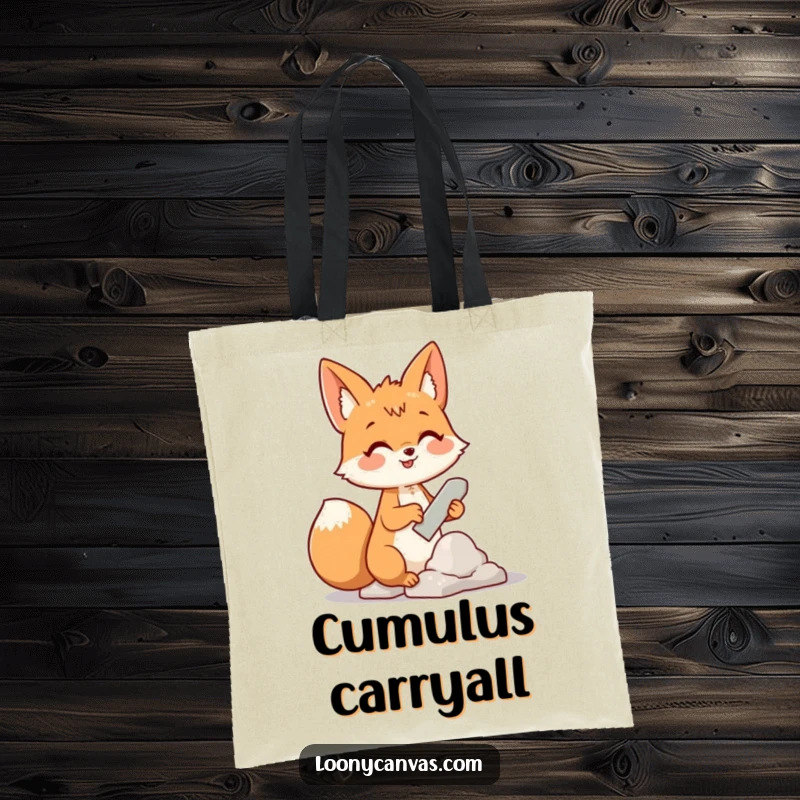 Funny tote bag showing a cheerful fox using a chisel to sculpt a fluffy cloud, symbolizing creative pursuits.