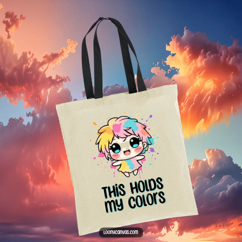 Funny delighted ink blot character splashes with vibrant colors on a tote bag, symbolizing portable art.