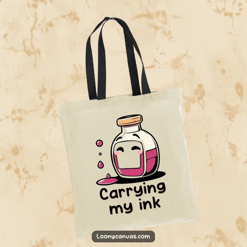 Funny giggling ink bottle character spilling tiny drops of ink with a mischievous wink on a tote bag, ideal for carrying creative supplies.