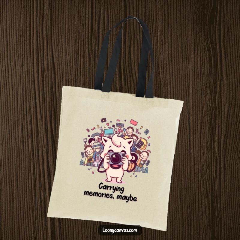 Funny happy Kawaii camera character snaps a chaotic photo on a tote bag, symbolizing portable creativity.