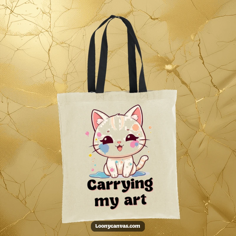 Funny kawaii cat tote bag, a paint-splattered cat gleefully splattering paint, perfect for carrying art supplies.
