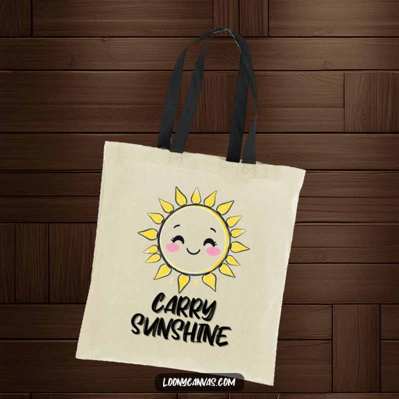 Funny kawaii chalk character drawing a wobbly, smiling sun on a durable tote bag, perfect for carrying cheerful essentials.