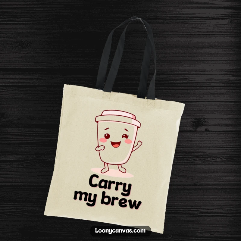 Funny kawaii coffee cup character doing a happy jig, perfect for carrying groceries or daily items. A practical and funny tote bag.