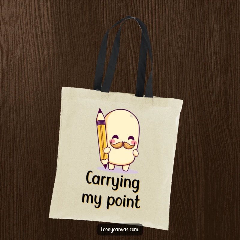 Funny kawaii pencil character with a tiny mustache doodle, printed on a durable tote bag, ideal for carrying art supplies.