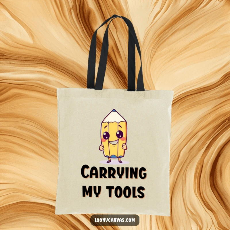 Funny cheeky pencil character with a goofy grin drawing itself on a tote bag, ideal for carrying art supplies and essentials.