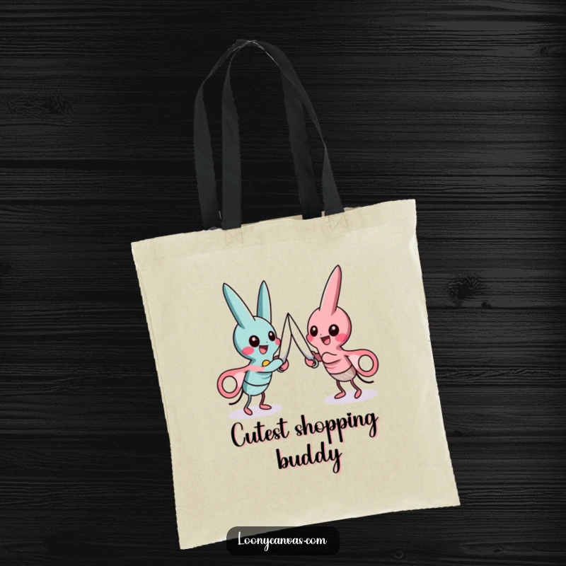 Funny tote bag featuring two anthropomorphic scissors characters in a friendly, yet intense, cutting duel.