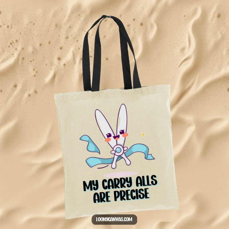 Funny tote bag featuring a delighted scissors character snipping a flowing ribbon, perfect for carrying crafts and daily items with joy.