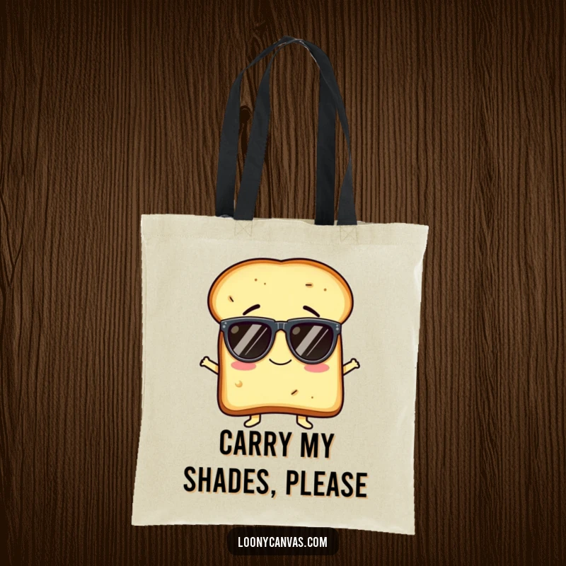 Funny tote bag showcasing a giggling slice of toast character hilariously attempting to wear oversized sunglasses, perfect for market days.