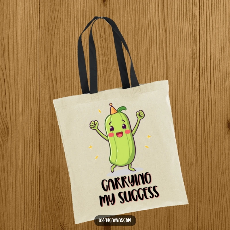 Funny tote bag showcasing a triumphant pickle character doing a lively victory dance, perfect for carrying your achievements.