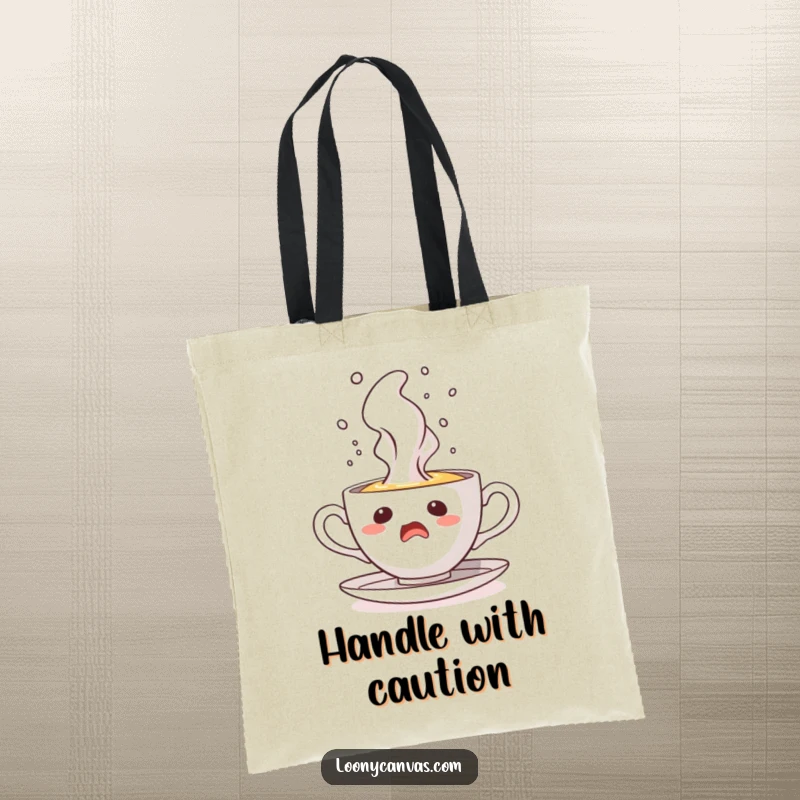 Funny tote bag showing a startled teacup character with a geyser of steam erupting, perfect for carrying everyday surprises.