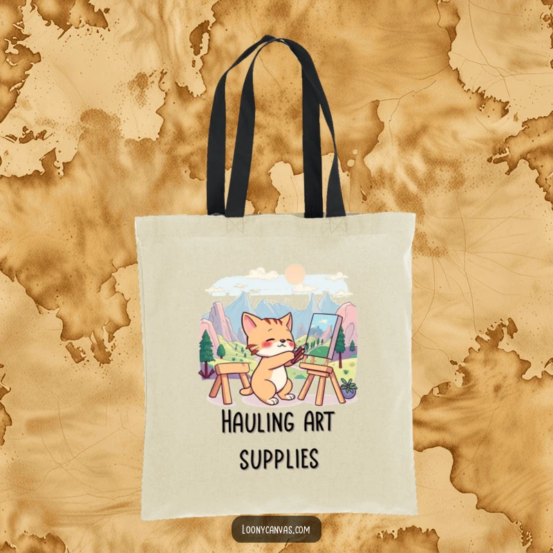 Funny tote bag featuring a frantic cat artist painting a surreal landscape, perfect for carrying art supplies or daily essentials.