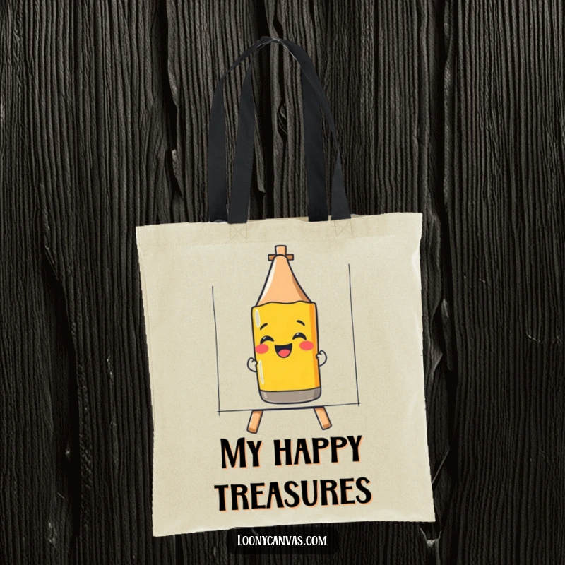Funny tote bag with a giggling crayon drawing a smiley face, great for carrying art supplies joyfully.