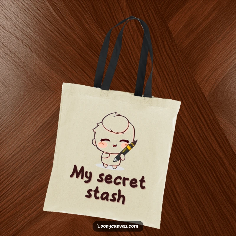 Funny tote bag with a mischievous charcoal stick smudging a drawing and winking, great for carrying art supplies mysteriously.