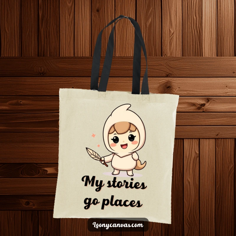 Funny tote bag with a cheerful character enthusiastically writing with a quill pen, celebrating the art of authorship.