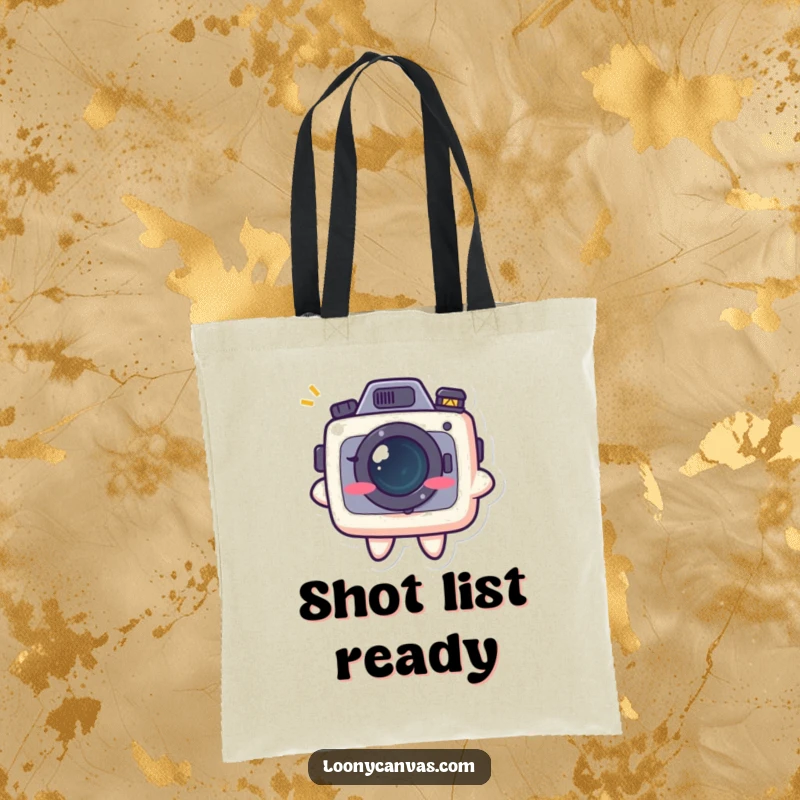 Funny kawaii camera character with a mischievous grin, on a durable tote bag, perfect for carrying photography essentials.